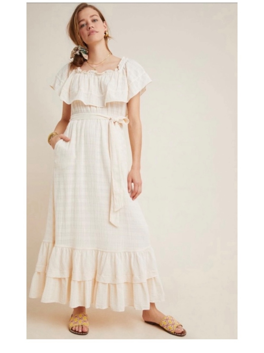 Anthropologie || The Odells Jayda Off the Shoulder Ruffle Maxi Dress Cream M NWT